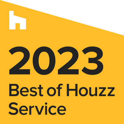 Yellow and green badge with text "2023 Best of Houzz Service" and a white house icon in the top left corner.